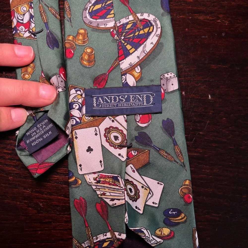 Vintage Lands End Green Silk Novelty Casino Tie‎ Darts Billiards Poker Cars